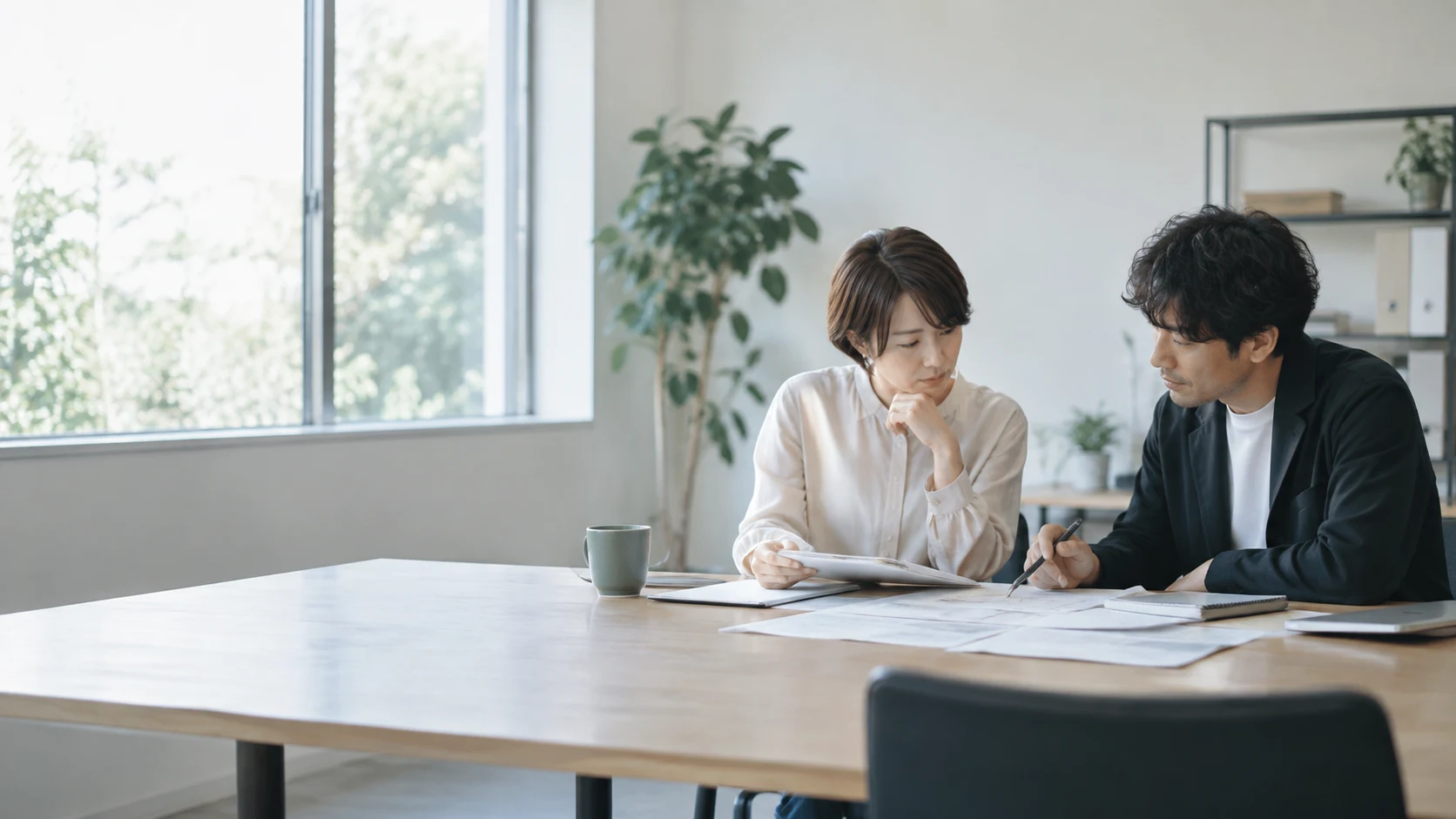 資料を広げて業務の進め方を相談するイメージ